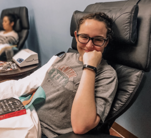 Brooklyn looking nervous in an IV chair