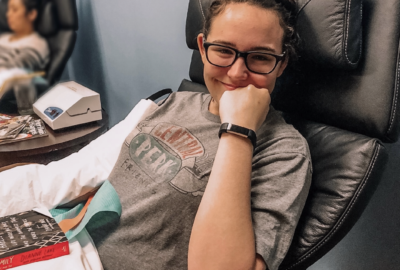 Brooklyn looking nervous in an IV chair